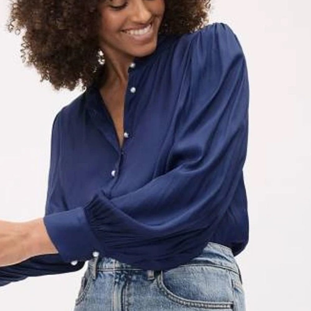 RW&CO Medieval Blue Silky Blouse with Pearl Buttons and Ballon Pleated Sleeves.